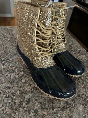 Sugar Gold Glitter and Navy Lace-Up Duck Boots for Women
